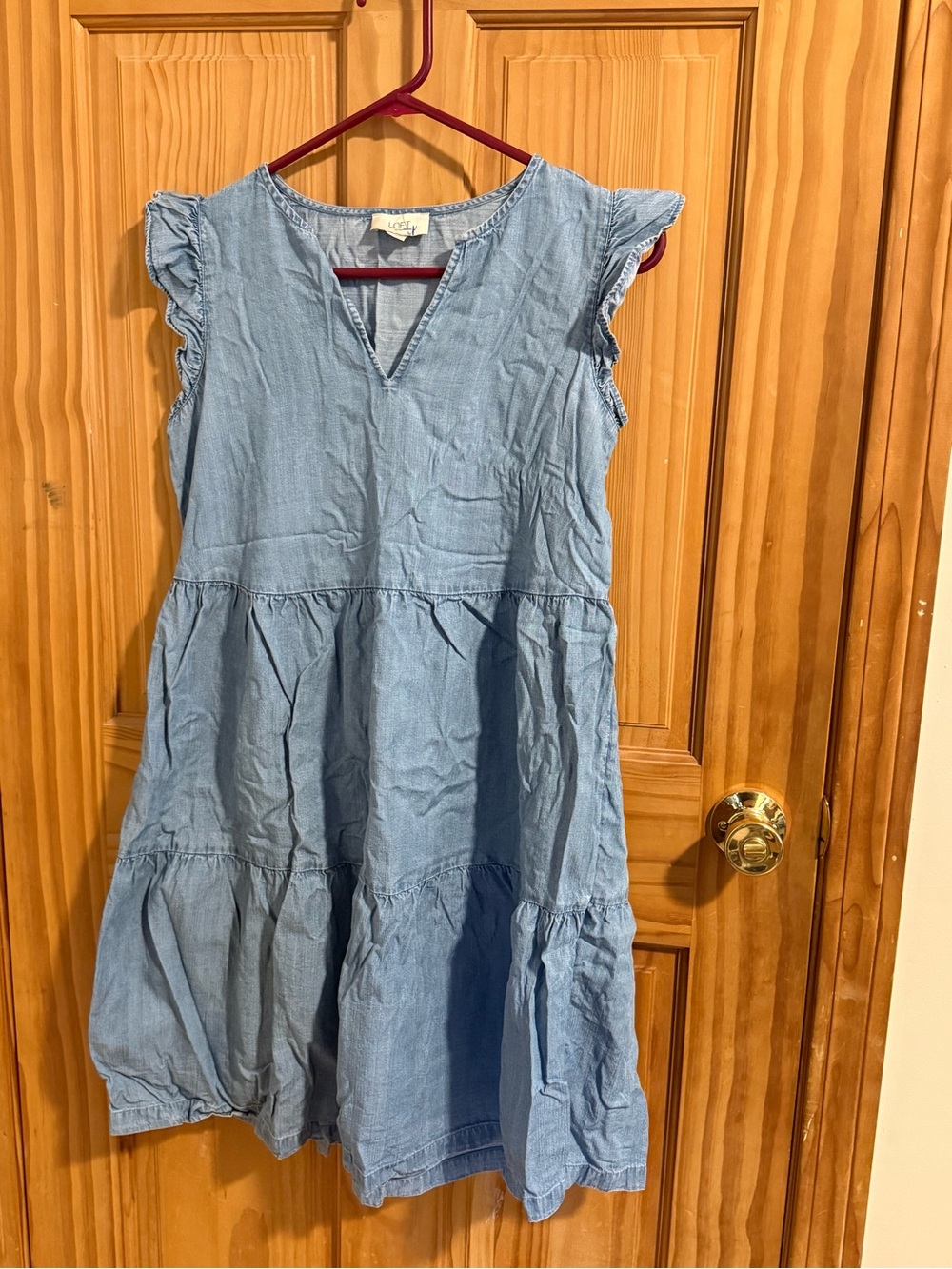 LOFT Light Blue Tiered Cotton Dress with Flutter Sleeves